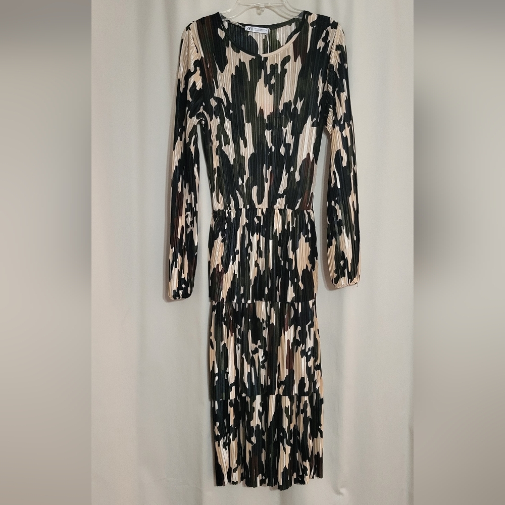 Zara Long Sleeve Camouflage Dress - Black, Brown, Cream